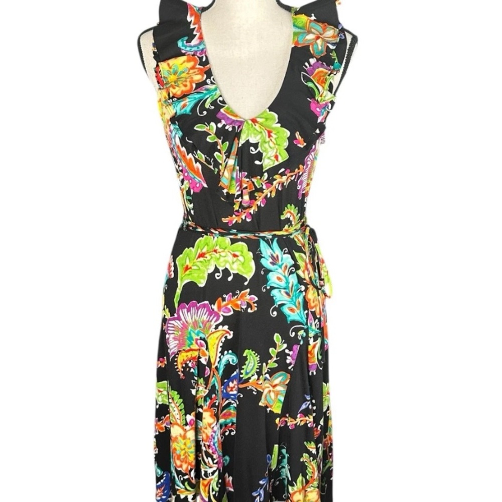 Ralph Lauren Black Floral Sleeveless Ruffle Wrap Dress